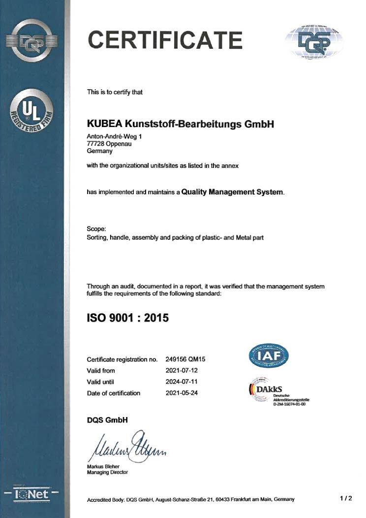 KUBEA GmbH - Certificate ISO 9001 : 2015 - Page 1