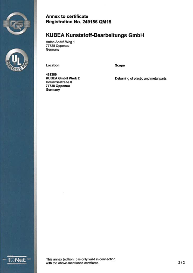KUBEA GmbH - Certificate ISO 9001 : 2015 - Page 2