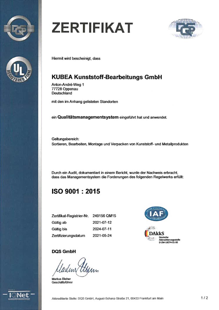 KUBEA GmbH - Zertifikat ISO 9001 : 2015 - Seite 1