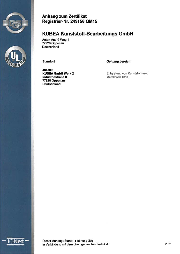 KUBEA GmbH - Zertifikat ISO 9001 : 2015 - Seite 2