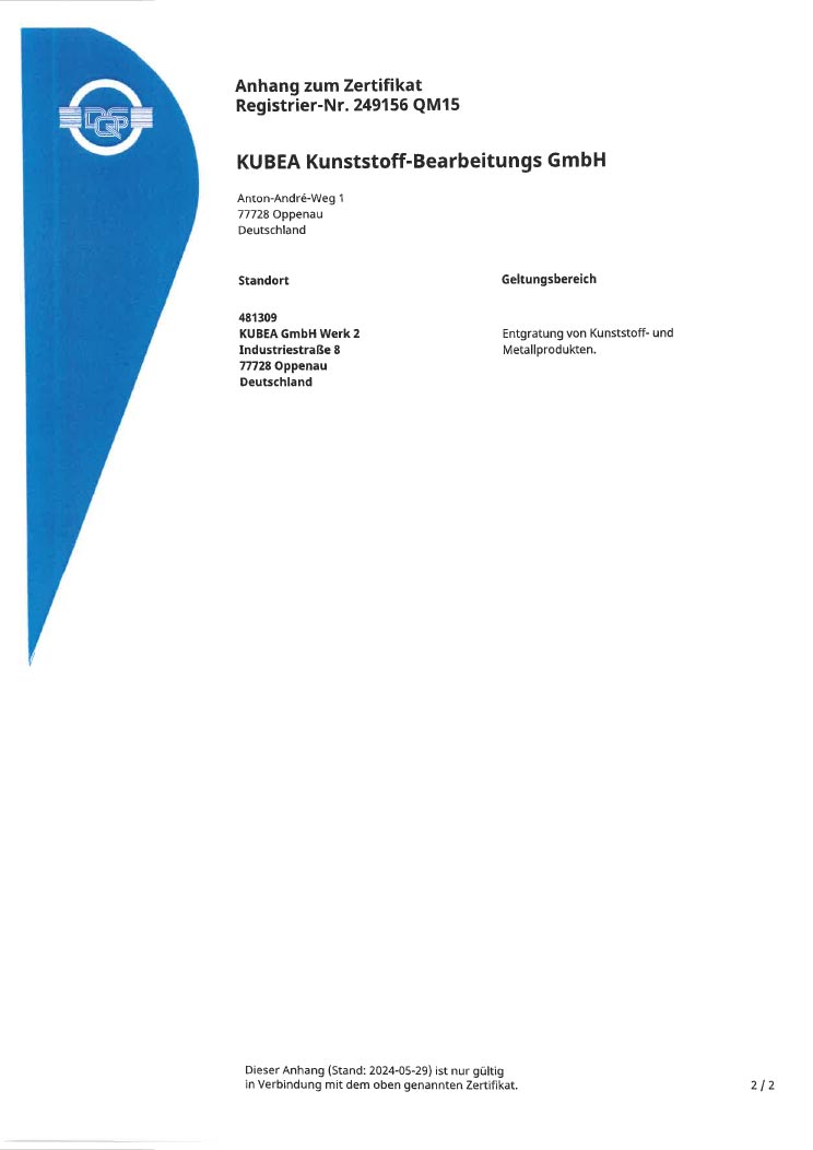 KUBEA GmbH - Zertifikat ISO 9001 : 2015 - Seite 2